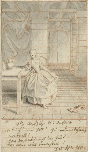 Louise komt bij en bevindt zich alleen in de gevangenis by Daniel Nikolaus Chodowiecki, drawing, 1770-1775