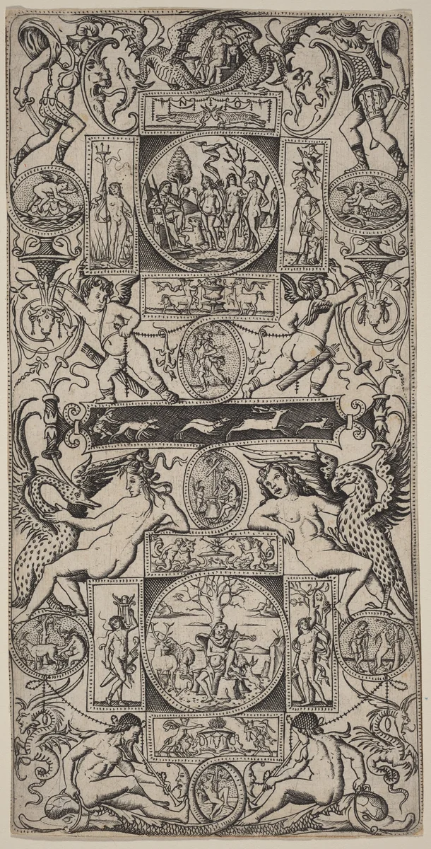 Ornament Panel with Orpheus and the Judgment of Paris by Nicoletto da Modena, print, 1507