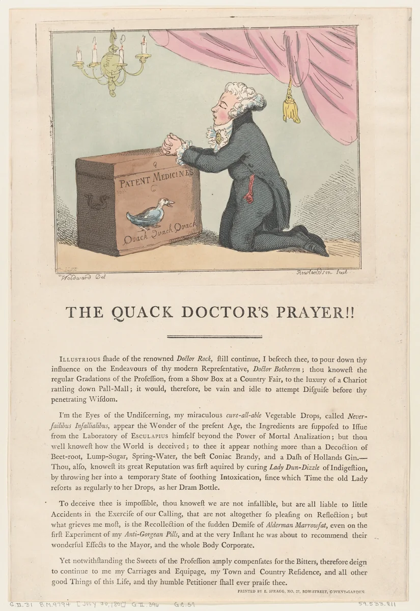 The Quack Doctor's Prayer!! by Thomas Rowlandson, print, 1801