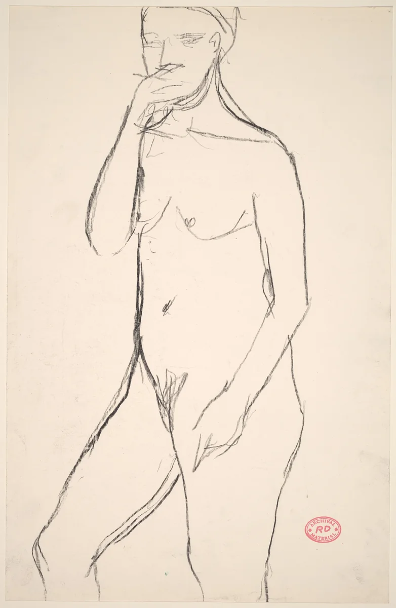 Untitled [standing female nude with right hand to mouth] by Richard Diebenkorn, drawing, 1955-1967