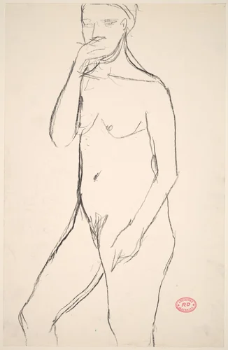 Untitled [standing female nude with right hand to mouth] by Richard Diebenkorn, drawing, 1955-1967