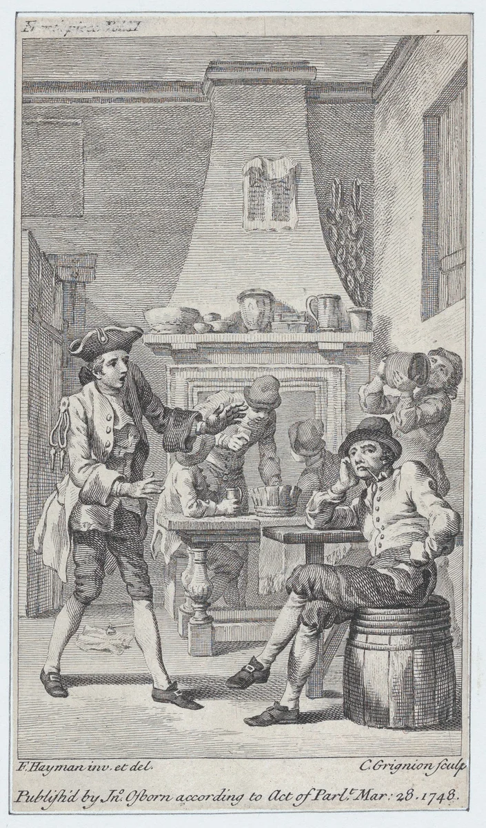 Frontispiece to Tobias Smollett's "Roderick Random" by Charles Grignion, print, 1748