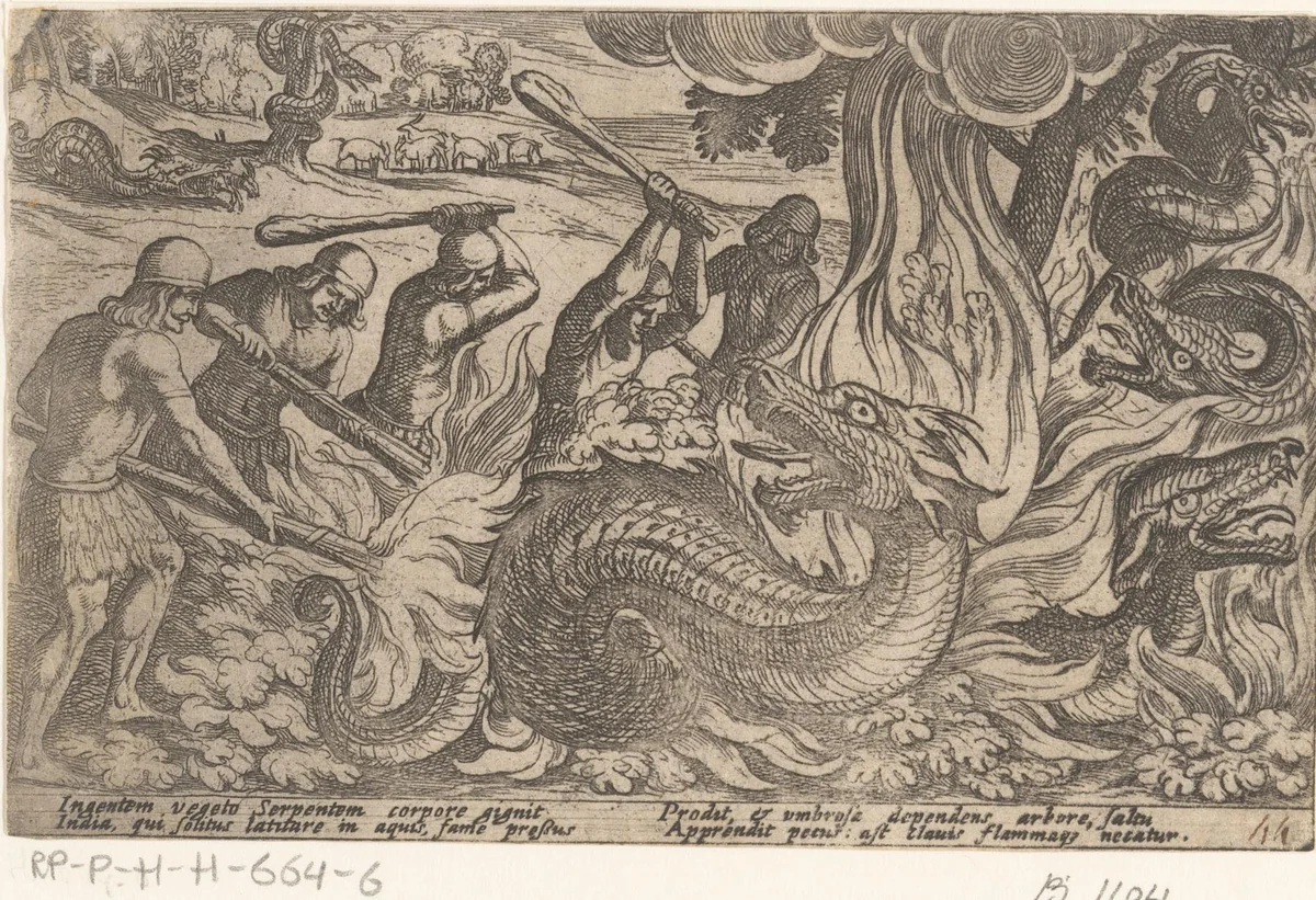 Strijders vechten met reuzenslangen by Antonio Tempesta, print, 1605