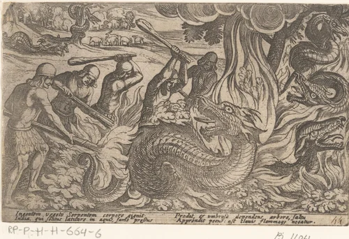 Strijders vechten met reuzenslangen by Antonio Tempesta, print, 1605