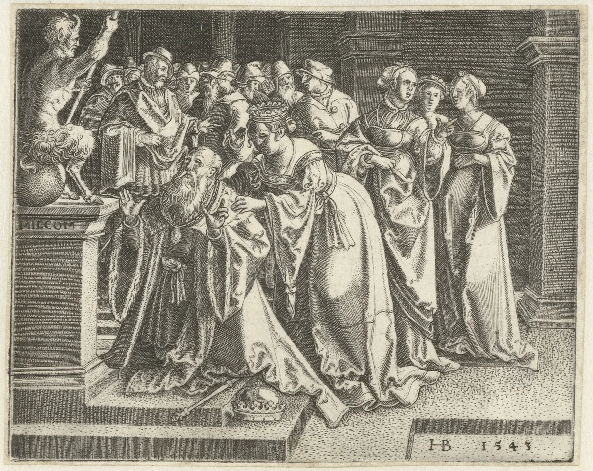 Salomo (Salomon) knielt voor altaar met afgod, een satyr by Unknown, print, 1545