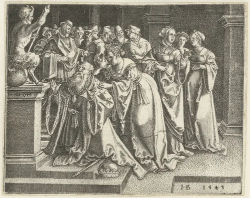 Salomo (Salomon) knielt voor altaar met afgod, een satyr by Unknown, print, 1545