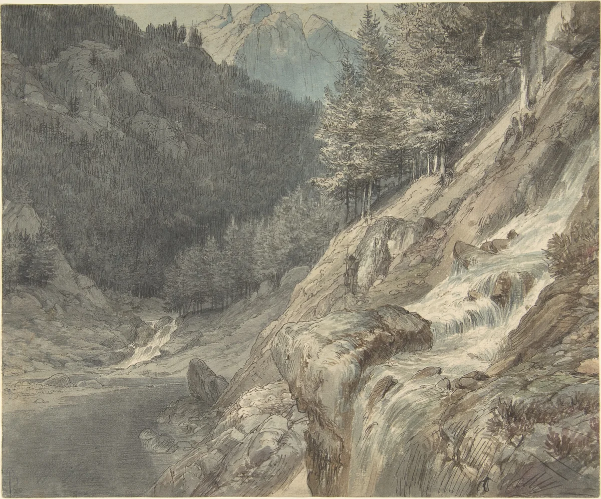 Mountainous Landscape with a River by Johann Wilhelm Schirmer, drawing, 1835-1837
