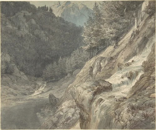 Mountainous Landscape with a River by Johann Wilhelm Schirmer, drawing, 1835-1837