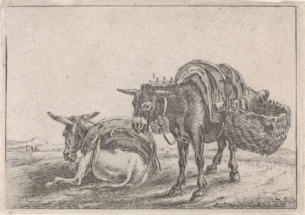 Twee muildieren by Theodorus van Kessel, print, 1654