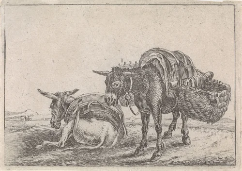 Twee muildieren by Theodorus van Kessel, print, 1654