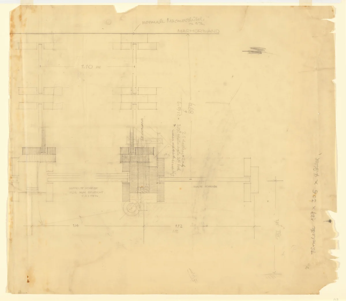 German Pavilion, International Exposition, Barcelona, Spain (Section, glass partition) by Ludwig Mies van der Rohe, mies van der rohe archive, 1928