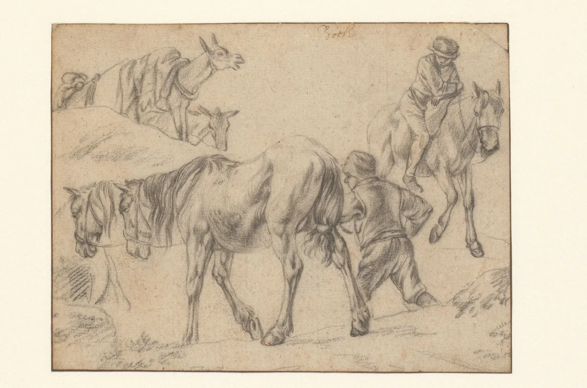 Studieblad met figuren, paarden en ezels by Jan Both, drawing, 1628-1652