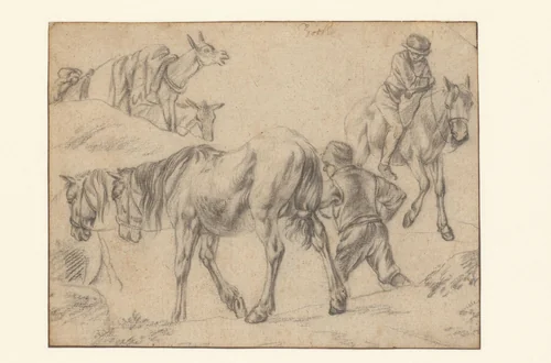 Studieblad met figuren, paarden en ezels by Jan Both, drawing, 1628-1652