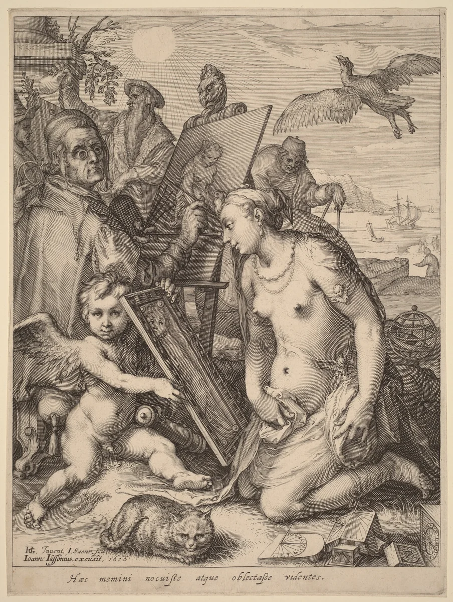 Artist Painting a Nude Woman: Allegory of Visual Perception by Jan Pietersz Saenredam, print, 1598-1616