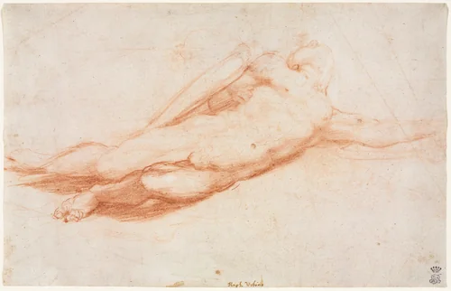 Study of a Fallen Soldier (possibly the Conversion of Saul) (recto) by Correggio, drawing, 1500-1550