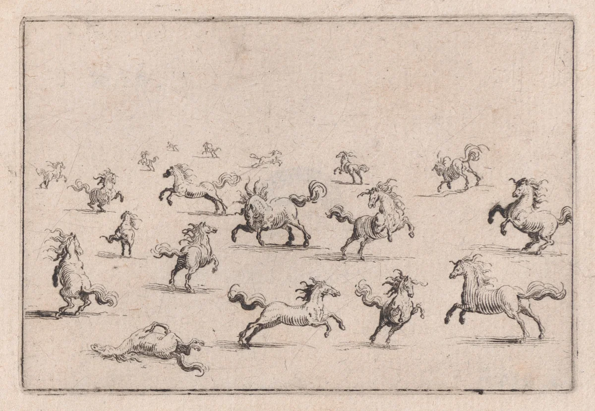 Chevaux Courant en Liberté (Horses Running Freely), from "Les Caprices" Series B, The Nancy Set by Jacques Callot, print, 1617-1620