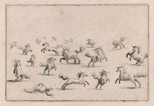 Chevaux Courant en Liberté (Horses Running Freely), from "Les Caprices" Series B, The Nancy Set by Jacques Callot, print, 1617-1620