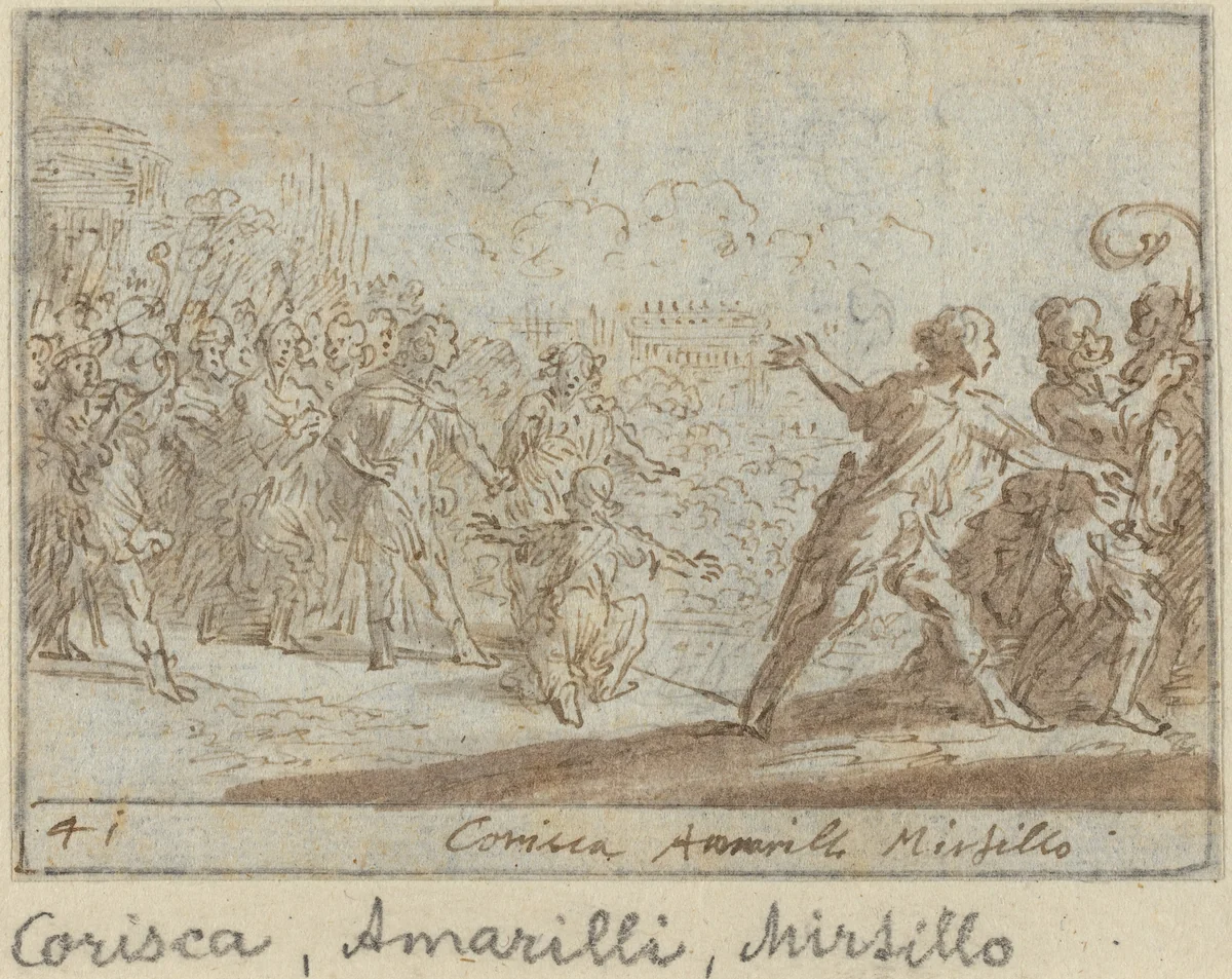 Corisca, Amarilli and Mirtillo by Johann Wilhelm Baur, drawing, 1640