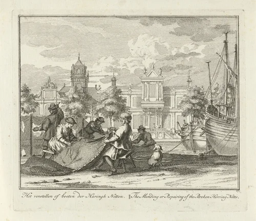 Boeten van de visnetten by Adolf van der Laan, print, 1728-1761