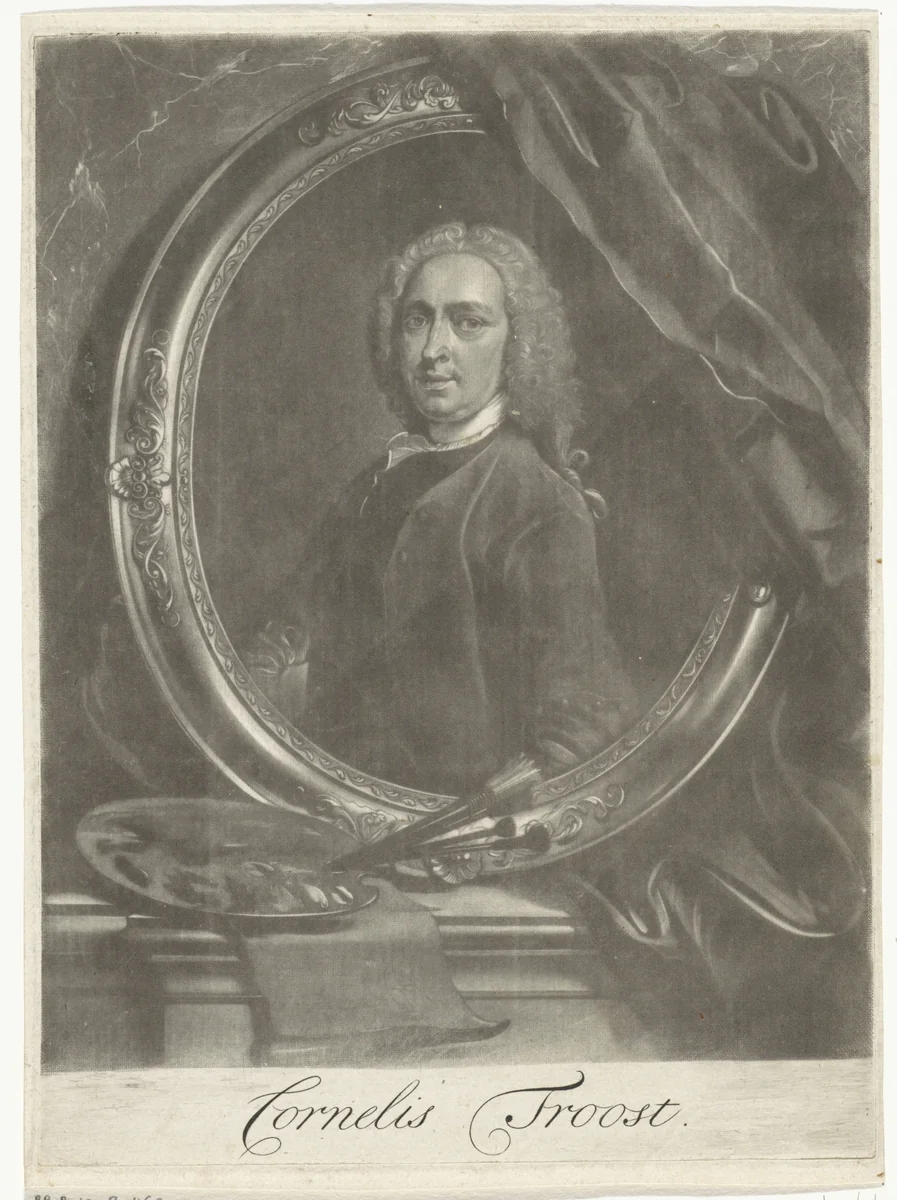 Zelfportret van Cornelis Troost by Arnout Rentinck, print, 1722-1775