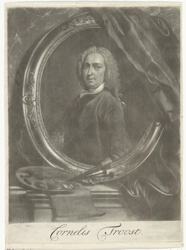 Zelfportret van Cornelis Troost by Arnout Rentinck, print, 1722-1775