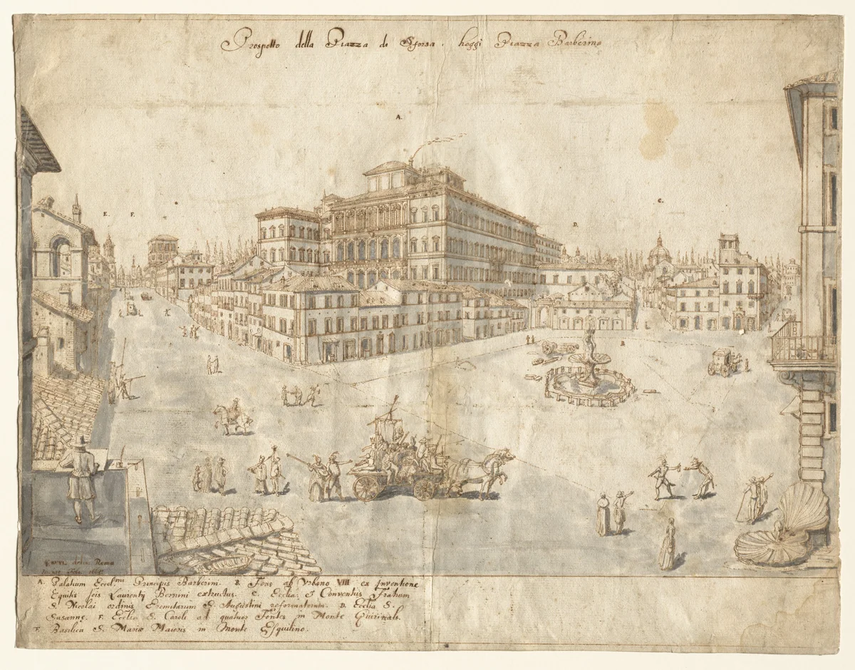 Eighteen Views of Rome: The Piazza Barberini (recto) by Lievin Cruyl, drawing, 1665