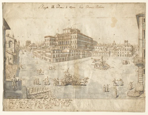 Eighteen Views of Rome: The Piazza Barberini (recto) by Lievin Cruyl, drawing, 1665