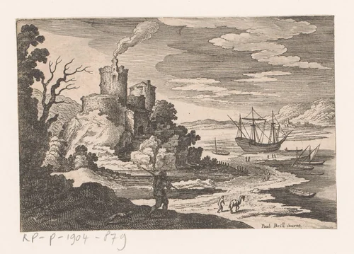 Ruïne met schepen by Matthäus Merian, print, 1603-1650