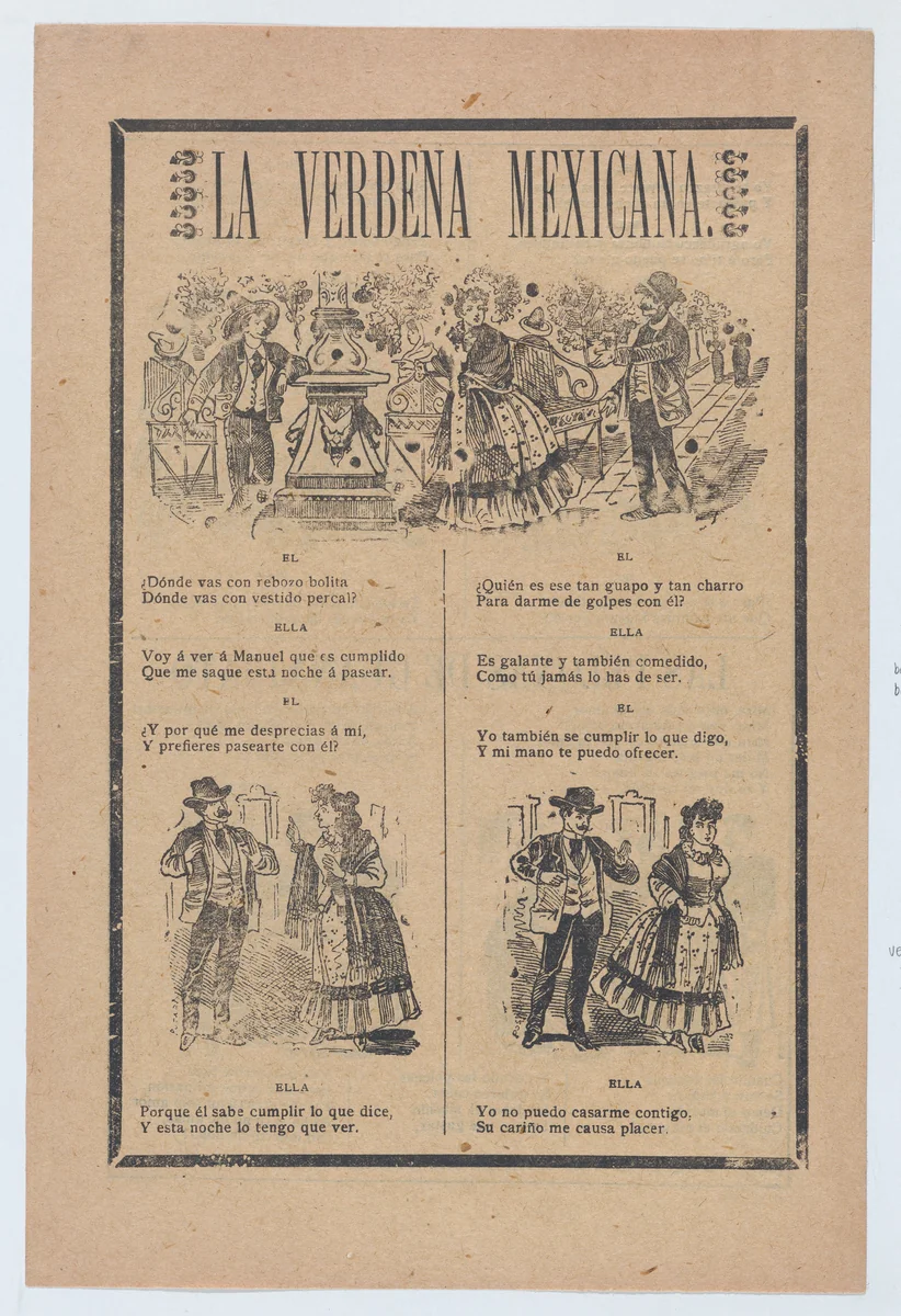 Broadsheet with a verse about a woman who rejects a male suitor for another, vignettes of a woman talking to various men by José Guadalupe Posada, print, 1895-1905