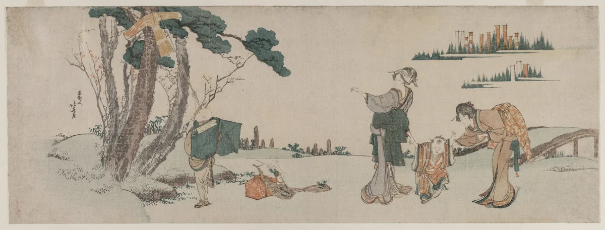 Women Distracting a Child whose Kite is caught in a Tree by Katsushika Hokusai (葛飾 北斎), print, 1795-1805