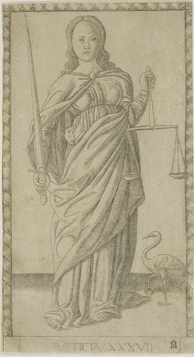 Justice, plate 37 from Genii and Virtues by Master of the E-Series Tarocchi, print, 1460-1470