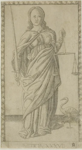 Justice, plate 37 from Genii and Virtues by Master of the E-Series Tarocchi, print, 1460-1470