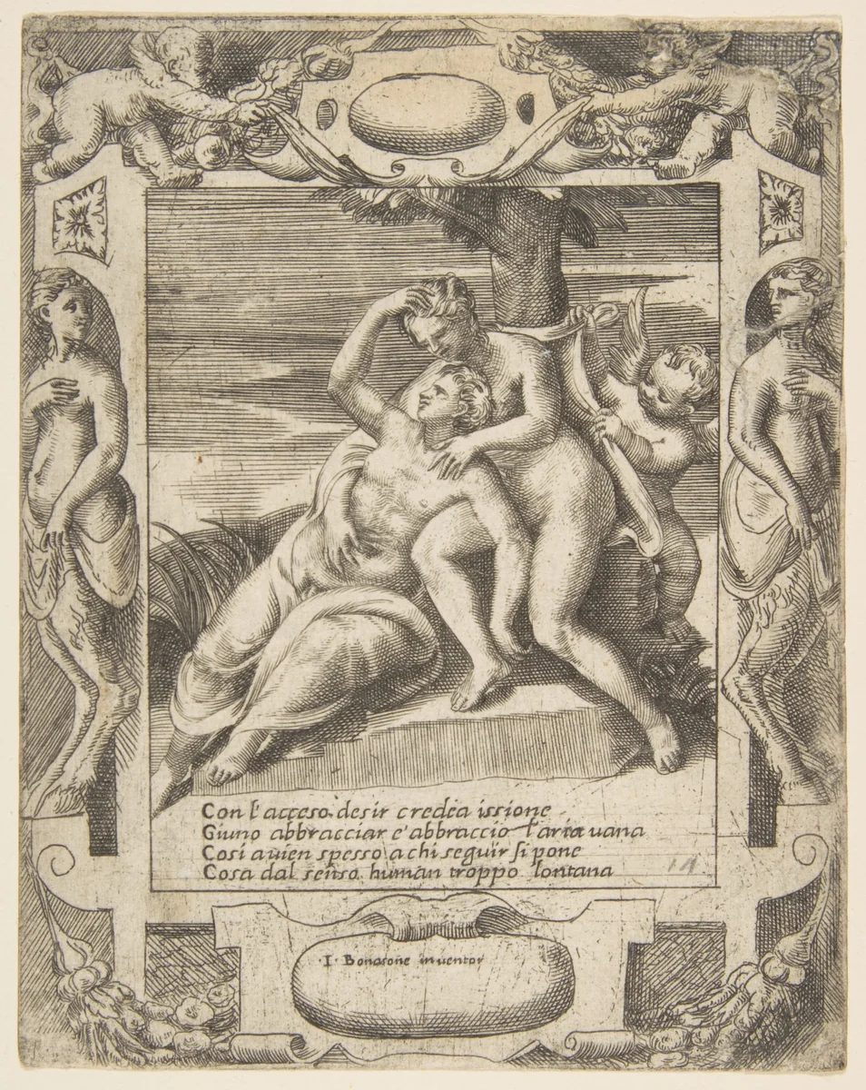 Ixion embracing a cloud, thinking it is Juno, Cupid at the right, set within an elaborate frame, from "Loves, Rages and Jealousies of Juno" by Giulio Bonasone, print, 1531-1576