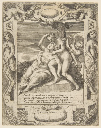 Ixion embracing a cloud, thinking it is Juno, Cupid at the right, set within an elaborate frame, from "Loves, Rages and Jealousies of Juno" by Giulio Bonasone, print, 1531-1576