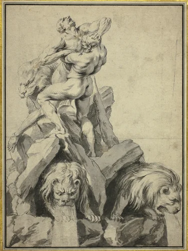 Hercules and Antaeus Design for a Fountain by Martin Desjardins or Jacques Desjardins, drawing, 1659-1694