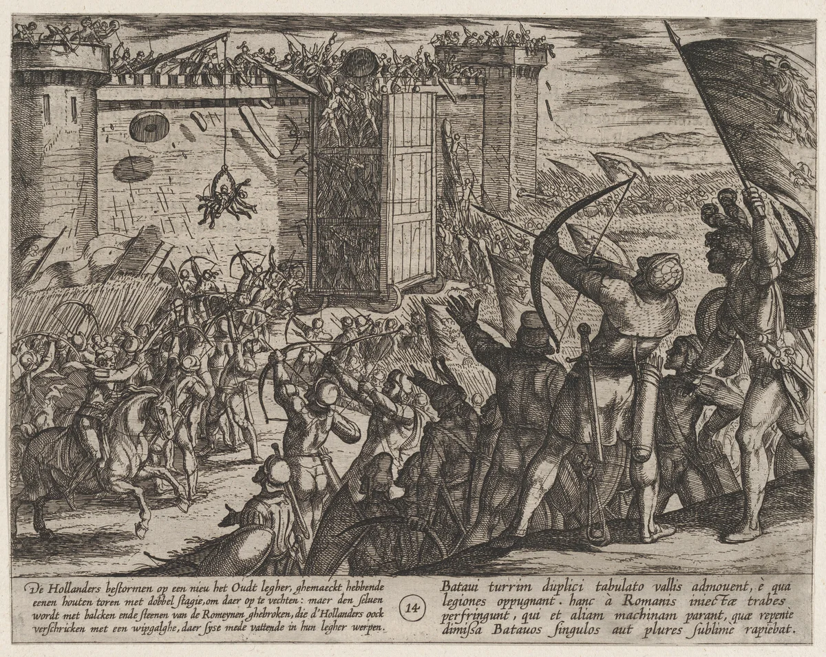 Plate 14: New Attack on the Old Fortress, from The War of the Romans Against the Batavians (Romanorvm et Batavorvm societas) by Antonio Tempesta, print, 1611-1612