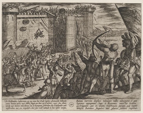 Plate 14: New Attack on the Old Fortress, from The War of the Romans Against the Batavians (Romanorvm et Batavorvm societas) by Antonio Tempesta, print, 1611-1612