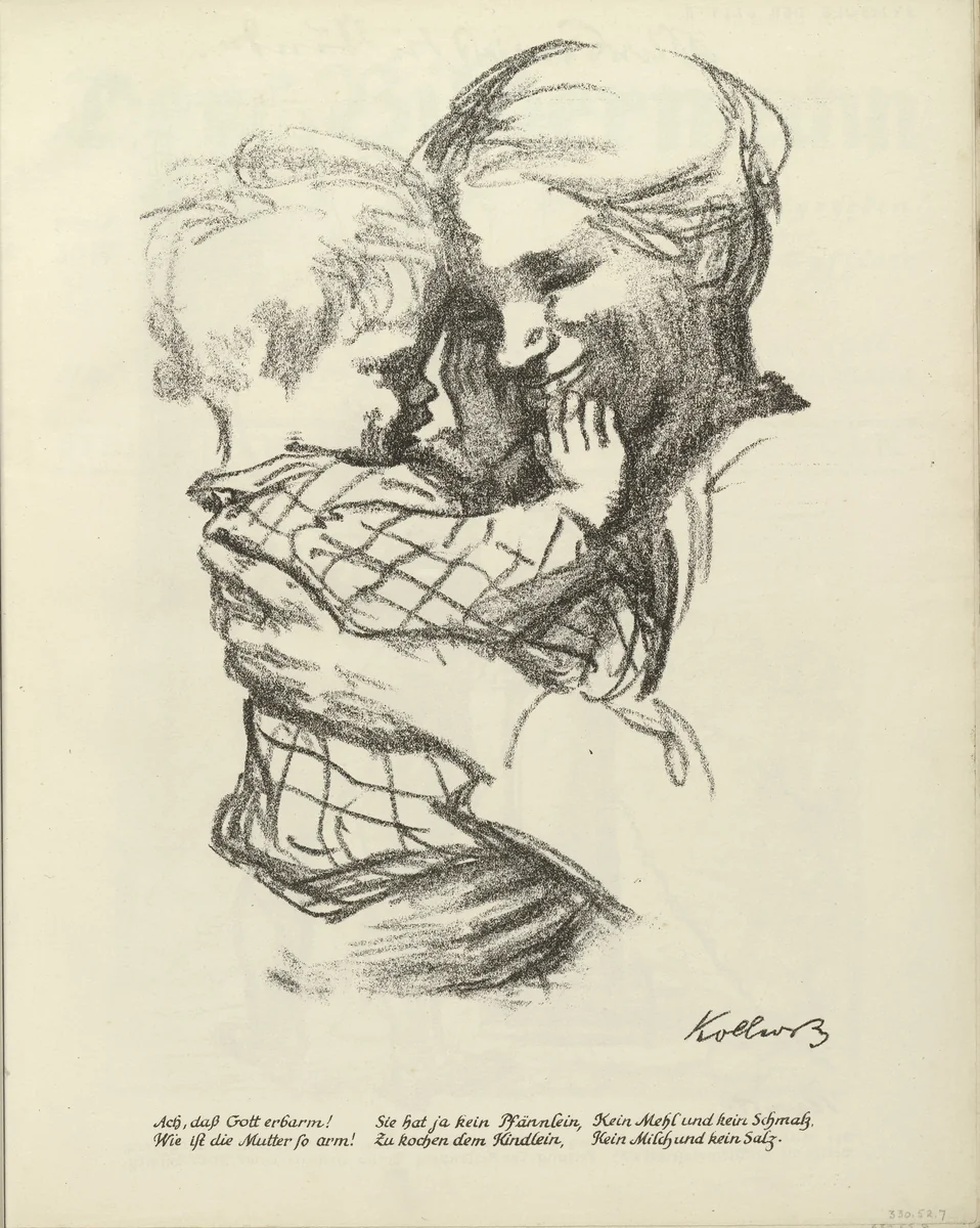 Mother with a Child in her Arms (Mutter mit Kind auf dem Arm) (plate, folio 5) from the periodicial Der Bildermann, vol. 1, no. 2 (Apr 1916) by Käthe Kollwitz, periodical, 1916