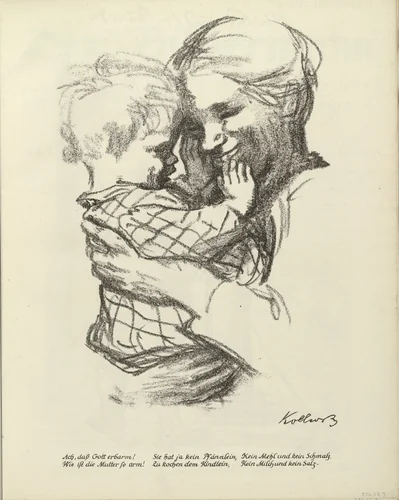 Mother with a Child in her Arms (Mutter mit Kind auf dem Arm) (plate, folio 5) from the periodicial Der Bildermann, vol. 1, no. 2 (Apr 1916) by Käthe Kollwitz, periodical, 1916
