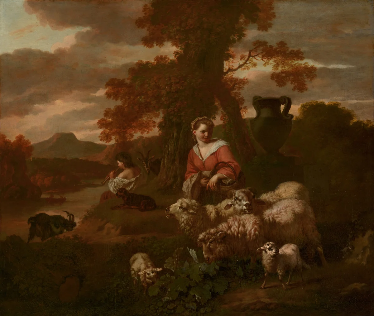 Shepherdess and Shepherd with Sheep and Goats by Simon van der Does, painting, 1711