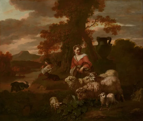 Shepherdess and Shepherd with Sheep and Goats by Simon van der Does, painting, 1711