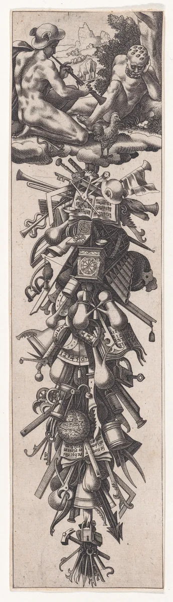 Mercury Putting Argus to Sleep and Festoon of Instruments, from "Festoons of Flowers, etc. no. 3" by René Boyvin, print, 1525-1600