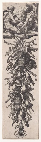 Mercury Putting Argus to Sleep and Festoon of Instruments, from "Festoons of Flowers, etc. no. 3" by René Boyvin, print, 1525-1600