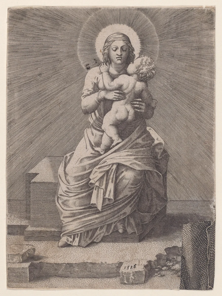 Virgin and Child Seated on a Stone Slab by Lambert Suavius, print, 1500-1550