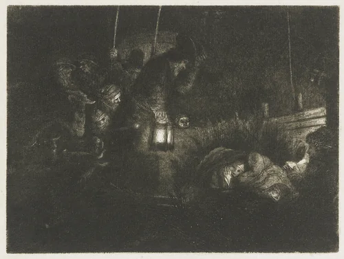 The adoration of the shepherds: a night piece by Rembrandt van Rijn, print, 1657