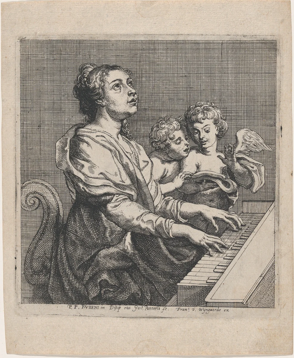 Saint Cecilia playing the virginals, accompanied by two singing angels by Willem Panneels, print, 1626-1636