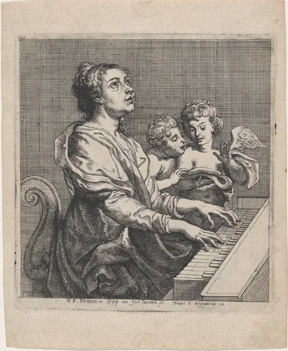 Saint Cecilia playing the virginals, accompanied by two singing angels by Willem Panneels, print, 1626-1636