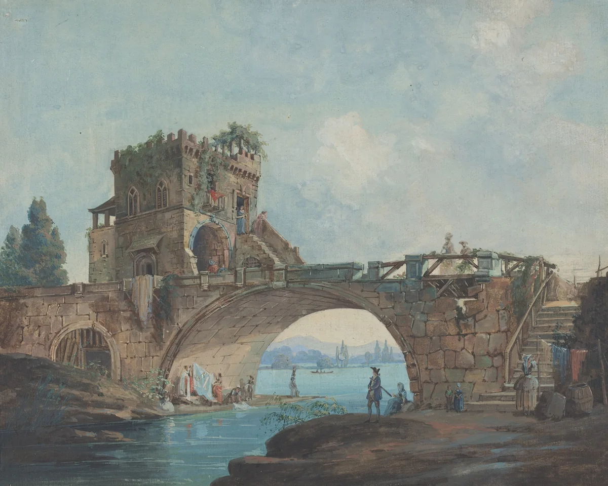 The Ponte Salario with Laundresses by Hubert Robert, drawing, 1780