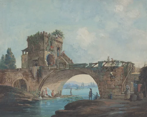 The Ponte Salario with Laundresses by Hubert Robert, drawing, 1780