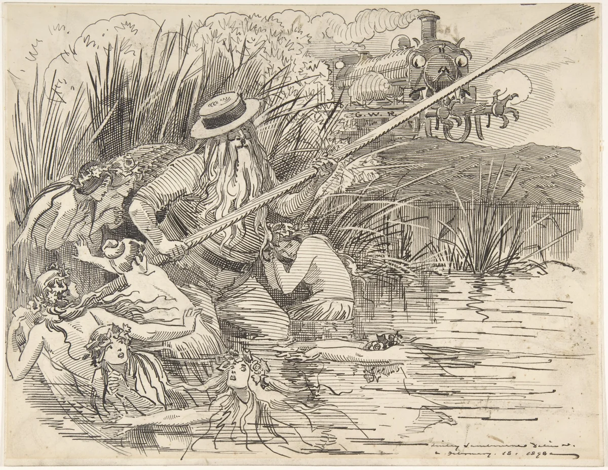 Father Thames and Henley Naiads (Cartoon published in Punch, February 26, 1898) by Edward Linley Sambourne, drawing, 1898